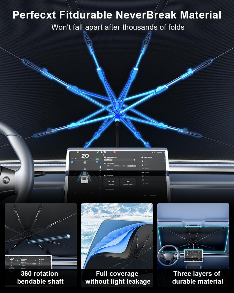 helloleiboo [2025 Upgraded] Car Windshield Sun Shade Umbrella 53"x 30" Windshield Sun Shade Foldable 5-Layer Thickened Vinyl Coating Reflective Polyester Blocks Heat & UV Rays for Small Car - Image 3